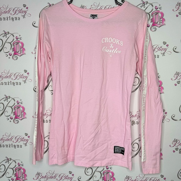 Crooks & castles long sleeve top pink white logo on arms striped rare retro cute - Picture 1 of 7